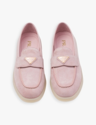 PRADA WOMENS PINK LOGO-PLAQUE SUEDE LEATHER LOAFERS 