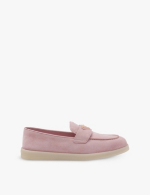 PRADA WOMENS PINK LOGO-PLAQUE SUEDE LEATHER LOAFERS 