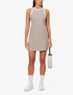 Shop Beyond Yoga Women's Birch/cloud White Spacedye Outlines Contrast-trim Stretch-woven Mini Dress