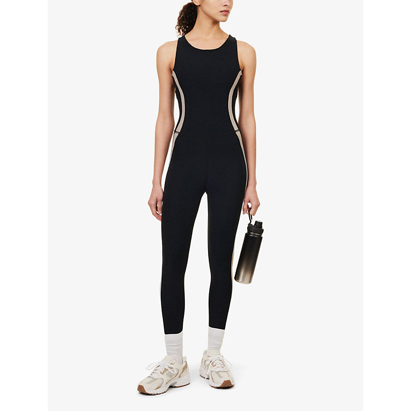 Shop Beyond Yoga Womens Darkest Night/birch Spacedye Top Line Contrast-stripe Stretch-woven Jumpsuit