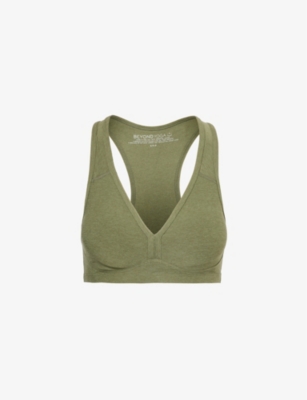 Shop Beyond Yoga Women's Moss Green Heather Spacedye Lift Your Spirits V-neck Stretch-jersey Sport Bra