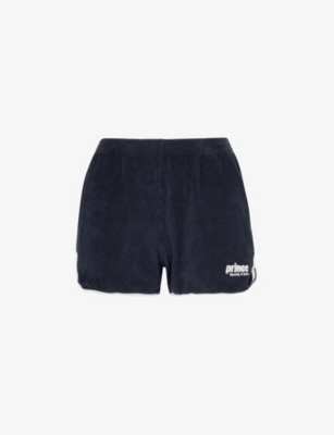 Shop Sporty And Rich Sporty & Rich Women's Navy White X Prince Brand-patch Terry-towelling Cotton-jersey Shorts
