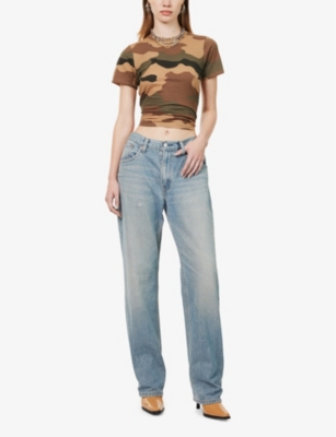 JEAN VINTAGE WOMENS JEAN VINTAGE STRUCTURED-WAIST STRAIGHT-LEG MID-RISE UPCYCLED DENIM JEANS 