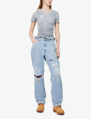 Jean Vintage Womens Light Blue Wash Distressed Brand-patch Barrel-leg Mid-rise Upcycled Denim Jeans In Light Blue Wash