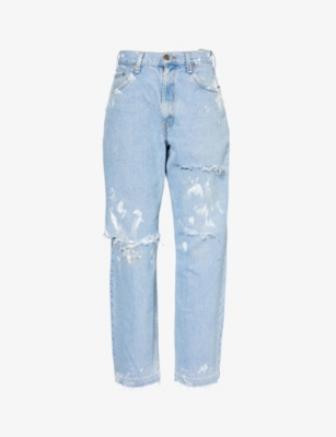 JEAN VINTAGE: Distressed brand-patch barrel-leg mid-rise upcycled denim jeans