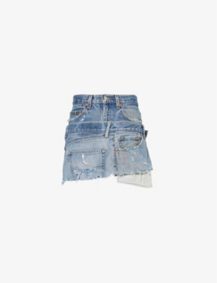 JEAN VINTAGE: Distressed brand-patch upcycled denim mini skirt