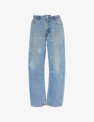 JEAN VINTAGE: Deconstructed-waist straight-leg mid-rise upcycled denim jeans