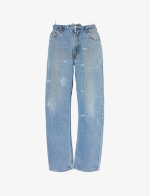 Jean Vintage Womens Mid Blue Deconstructed-waist Straight-leg Mid-rise Upcycled Denim Jeans