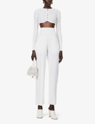 Shop Alaïa Slim-fit Round-neck Knitted Cardigan In Blanc Optique