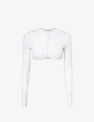 Shop Alaïa Alaia Women's Blanc Optique Slim-fit Round-neck Knitted Cardigan