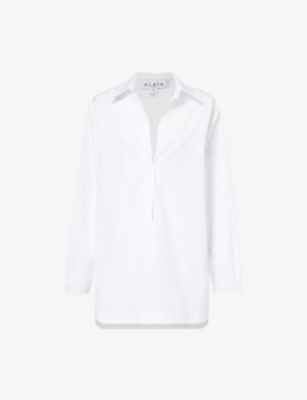 Shop Alaïa Alaia Women's Blanc Long-sleeved Side-pocket Cotton Mini Dress
