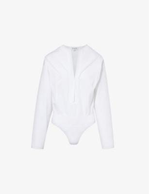 Shop Alaïa Alaia Women's Blanc Long-sleeved Round-neck Cotton Bodysuit