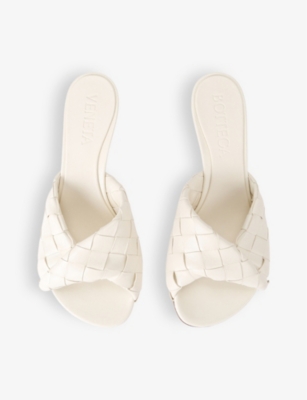 BOTTEGA VENETA WOMENS WINTER WHT BLINK INTRECCIATO HEELED LEATHER MULES 