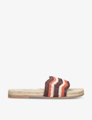 MANEBI: Single-strap striped flat raffia sandals