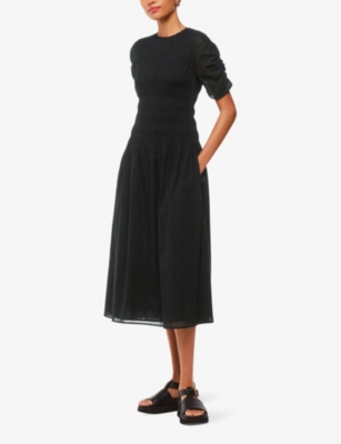 Shop Whistles Womens Black Avery Ruched-sleeve Smocked Cotton Midi Dress