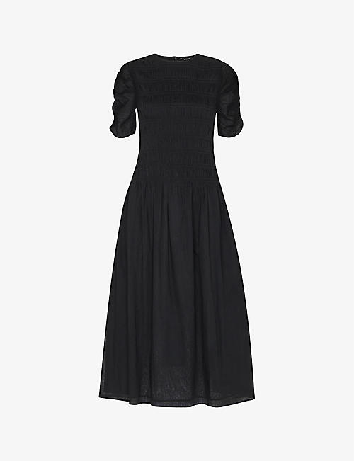 WHISTLES: Avery ruched-sleeve smocked cotton midi dress