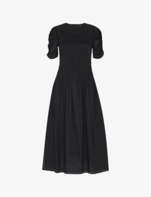 Shop Whistles Women's Black Avery Ruched-sleeve Smocked Cotton Midi Dress
