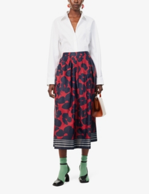 Shop Dries Van Noten Soni Floral-print Cotton-blend Midi Skirt In Red