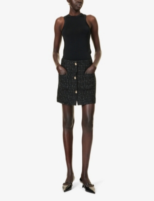 Shop Anine Bing Mateo Tweed-textured Woven-blend Mini Skirt In Black And White