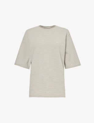 Shop Anine Bing Women's Olive And Ivory Stripe Bo Striped Logo-embroidered Stretch Organic-cotton T-shirt