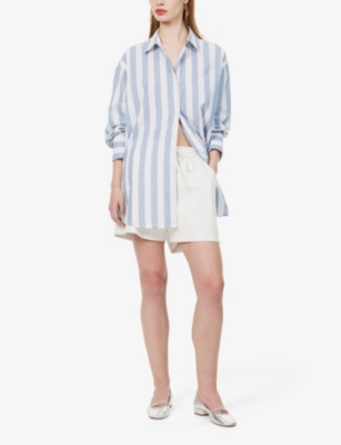 Shop Anine Bing Womens White And Blue Plaza Oversized Cotton-linen Blend Shirt