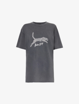 Shop Anine Bing Women's Washed Black Leopard Brand-print Organic-cotton Jersey T-shirt
