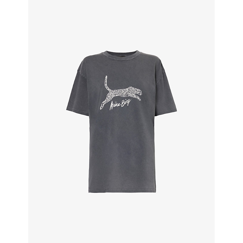 Shop Anine Bing Womens Washed Black Leopard Brand-print Organic-cotton Jersey T-shirt