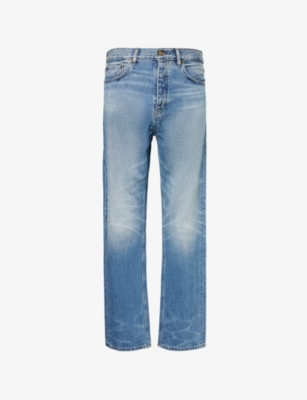 Shop Essentials Fear Of God  Men's Medium Wash Brand-patch Straight-leg High-rise Denim Jeans