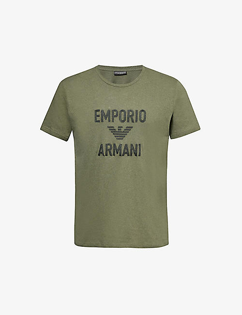 EMPORIO ARMANI: Logo text-embroidered relaxed-fit cotton and linen-blend T-shirt