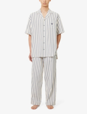 Shop Emporio Armani Men's Perla/blu Vy Stripe-print Straight-leg Cotton And Linen-blend Trousers In Perla/blu Navy
