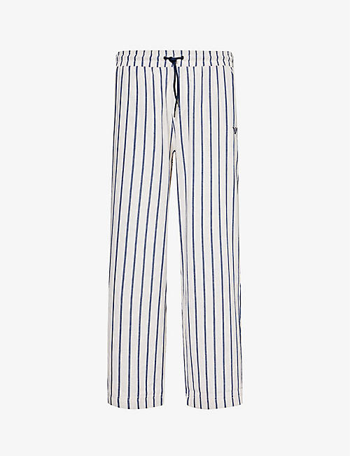 EMPORIO ARMANI: Stripe-print straight-leg cotton and linen-blend trousers