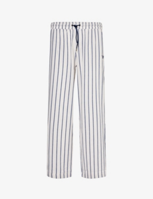 Shop Emporio Armani Men's Perla/blu Vy Stripe-print Straight-leg Cotton And Linen-blend Trousers In Perla/blu Navy