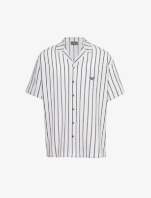 Shop Emporio Armani Men's Perla/blu Vy Stripe-print Relaxed-fit Cotton And Linen-blend Shirt In Perla/blu Navy