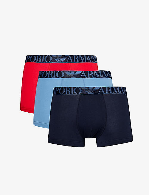 EMPORIO ARMANI: Logo-waistband pack of three stretch-cotton trunks