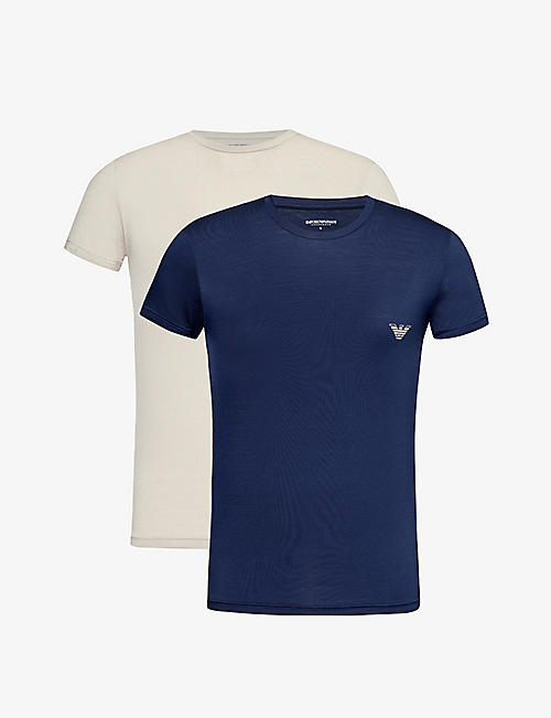 EMPORIO ARMANI: Logo-embroidered pack of two stretch-jersey T-shirt