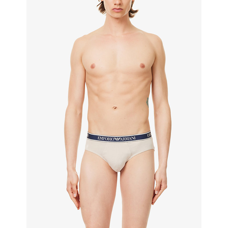 Shop Emporio Armani Branded-waistband Pack Of Three Stretch-cotton Briefs In Nudo/marine/rosso