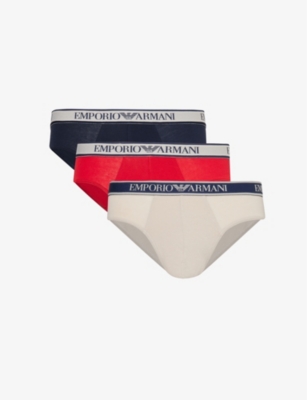 Shop Emporio Armani Men's Nudo/marine/rosso Branded-waistband Pack Of Three Stretch-cotton Briefs