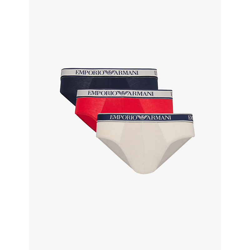 Shop Emporio Armani Branded-waistband Pack Of Three Stretch-cotton Briefs In Nudo/marine/rosso