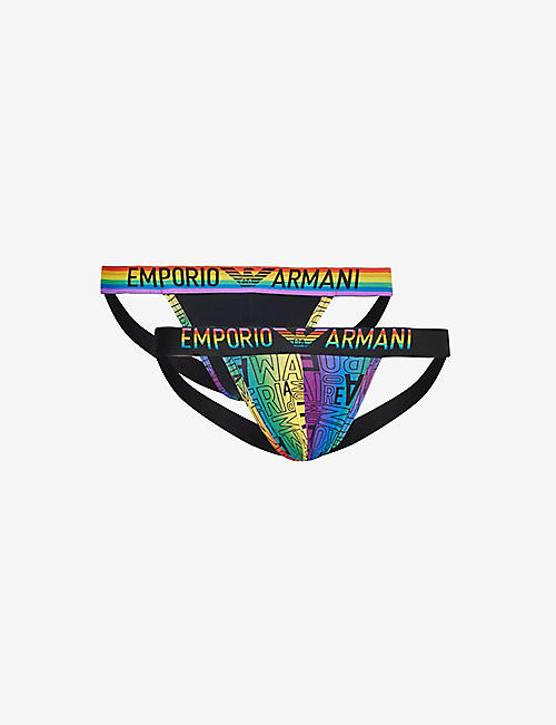 EMPORIO ARMANI: Rainbow-logo pack of two stretch-cotton jockstraps