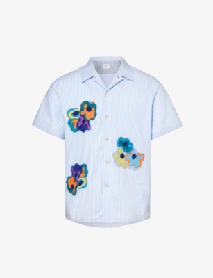 Shop Ps By Paul Smith Men's Blue Floral-embroidered Casual-fit Cotton Shirt