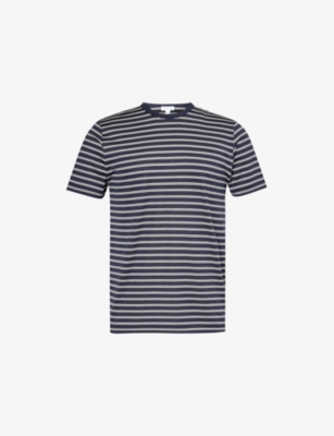 Shop Sunspel Men's Navy Ecru Stripe Crew-neck Relaxed-fit Cotton-jersey T-shirt