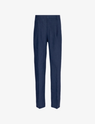 Sunspel Mens Light Navy Single-pleat Regular-fit Tapered-leg Linen Trousers
