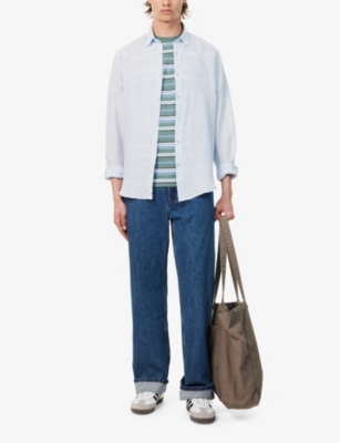 Shop Sunspel Mens Light Blue Melange Curved-hem Regular-fit Linen Shirt