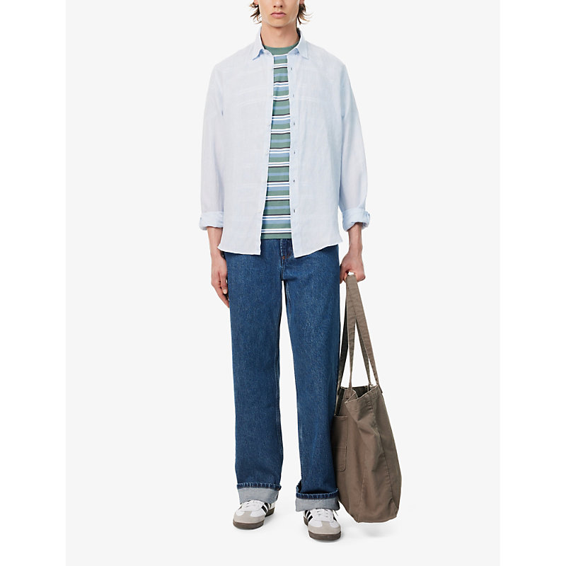 Shop Sunspel Men's Light Blue Melange Curved-hem Regular-fit Linen Shirt