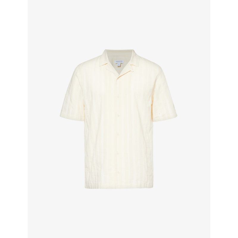 Sunspel Mens Ecru Stripe-pattern Boxy-fit Cotton Shirt