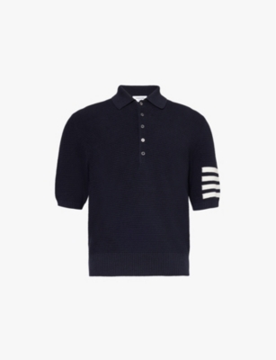 THOM BROWNE: Brand-tab striped linen and cotton-blend polo shirt