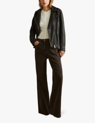 Reiss Womens Black Beau Relaxed-fit Leather Biker Jacket In Black