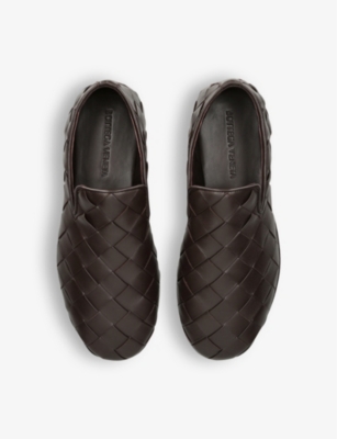 Shop Bottega Veneta Men's Dark Brown Sunday Intrecciato-weave Leather Slippers