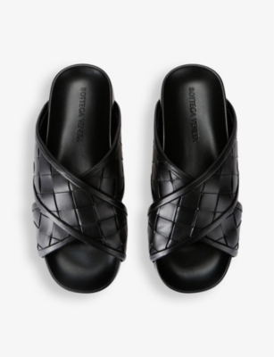 Shop Bottega Veneta Men's Black Tarik Cross-strap Flat Leather Sandals