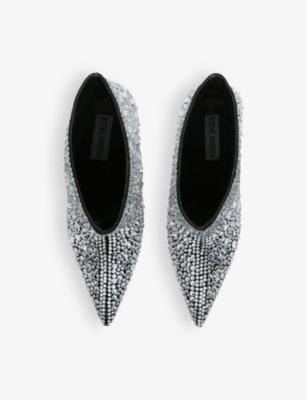 STEVE MADDEN WOMENS SILVER SENTINEL CRYSTAL-EMBELLISHED HEELED LEATHER ANKLE BOOTS